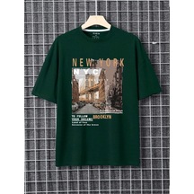 T-shirt - Nyc Baskılı Oversize Bisiklet Yaka Kısa Kol Tişört Yeşil