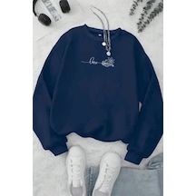 Unisex Lacivert Love Çiçek Baskılı Bisiklet Yaka Sweatshirt- Kışlık Şardonlu Kumaş Lacivert