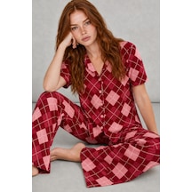 Kadın Kısa Kol Desenli Kırmızı Pijama Takımı 4730