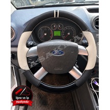 Ford Fusion Dikme Direksiyon Kılıfı Delikli Deri Parlak Siyah Bej Detay Çift Yüzük Ve Dikiş 2006-2012