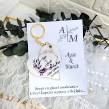 Çiçek Süslemeli Ahşap Kalp Anahtarlık Uv Baskılı Kart Üz 20 Adet