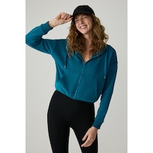 Urban Beat Charısma Kadın Kapüşonlu Relaxed Fermuarlı Baskı Detaylı Mavi Sweatshirt Mavi