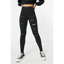 Yırtık Siyah Yüksek Bel Skinny Fit Jean Likralı Cepsiz Tayt Pantolon