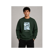 Herkesemoda Focus Baskı Detaylı Bisiklet Yaka Şardonlu 2 İplik Sweatshirt Yeşil