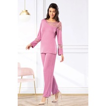 Faal 8617 Kadın Uzun Kollu Dantel Detaylı Pijama Takımı-gülkurusu GÜL KURUSU