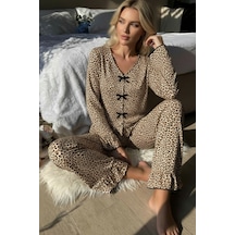 Kadın Uzun Kollu Leopar Desenli Fiyonklu Ev Giyim Pijama Takımı Leopar