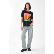 Alexandergardı Yaka Ve Kol Detaylı Baskılı Kadın T-shirt Siyah