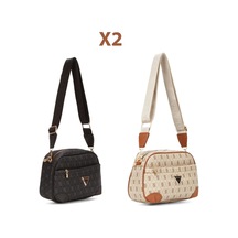 Newish Polo Kadın Monogram Desenli Uzun Askılı Çapraz Omuz Çantası 2 Adet - New361 Siyah - Krem