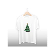 Yılbaşı Ağacı Üstünde Yıldız Detaylı Unisex Tişört Beyaz