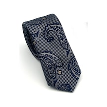 Gaffy Gri Şal Desenli Lacivert Dokuma Kumaş Mendilli Slim Fit Kravat // Sdk-2606-3 Gri