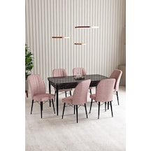 Vien Siyah Mermer Desen 80 x 132 Açılabilir  Mutfak Masası 6 Sandalye Pembe