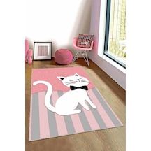 Pembe Kaymaz Tabanlı Yıkanabilir Kedili Çocuk Halısı Kd005