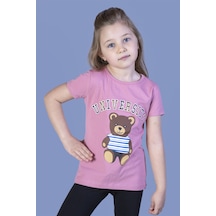 Toontoy Kids Toontoy Kız Çocuk Ayıcık Ve Yazı Baskılı Taş İşlemeli Tişört Gülkurusu