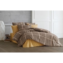 Lüks%80 Pamuklu Çift Kişilik Nevresim Takımı Seti Yorgan Kılıfı Love Kalp Desen 200x220 Cm + Lastikli Battal Boy Çarşaf 180x200x30 Cm +2 Yastık Kılıflı 50x70 Cm Kahverengi, Kareli 0