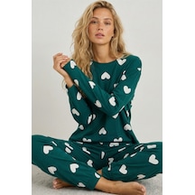 Siyah İnci Yeşil Beyaz Kalp Baskılı Örme Pamuklu Pijama Takımı7613
