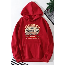 Uyguntarz Unisex California Baskılı Kapüşonlu Sweatshirt Kırmızı