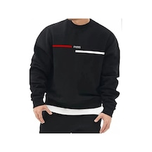 Siyah Oversize Paris Şerit Baskılı Pamuklu Kapşonsuz Bisiklet Yaka Unisex Sweatshirt-trzksw2764 Siyah