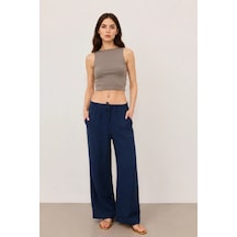 Dıanna Kadın Beli Lastikli Wide Leg Müslin Pantolon %100 Pamuk Geniş Bol Paça Rahat Ofis & Günlük Stil Lacivert