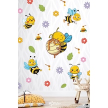 Sevimli Arılar Çiçekler Ve Yapraklar Çocuk Bebek Odası Duvar Cam Dolap Sticker Seti, Arı Sticker