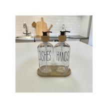 Buççin Online Mağaza 2 Li Bambu Stantlı Kilitlenebilir Bambu Kapaklı Cam Sıvı Sabunluk Seti 2 X 500ml Cam Beyaz Çok Renkli