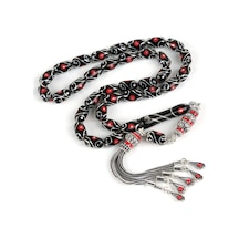 Erzurum Oltu 925ayar Gümüş Püskül Mercan Ve Gözyaşı İşlemeli Kapsül Kesim 6.5x11.5mm Tesbih - Yusuf Akansel Usta El İşi Gümüş - Siyah