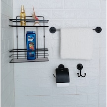 Yapışkanlı Banyo Aksesuar Seti 2 Katlı Banyo Rafı,uzun Havluluk,tuvalet Kağıtlığı, Bornozluk Siyah