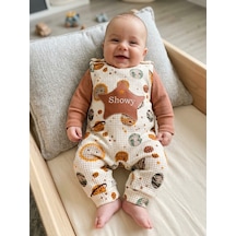 Nafitto Baby&Junior Nafitto Gezegen Desenli Waffle Kumaş Askılı Tulum, Ribana Zıbın Ve Çorap 3-9 Ay Kahverengi
