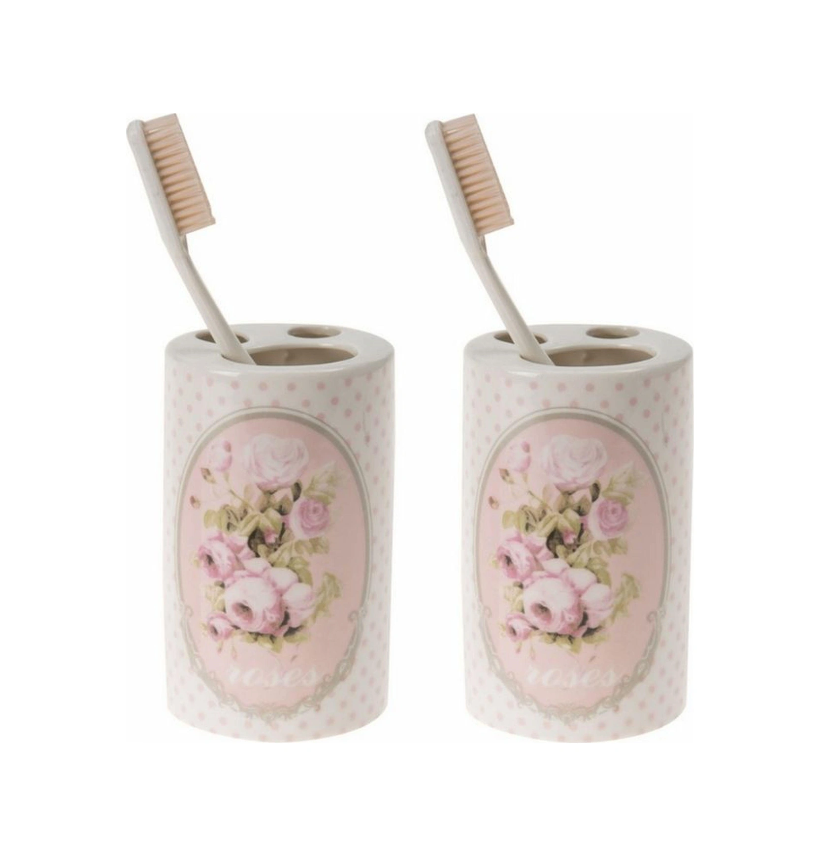 2 Adet Seramik Diş Fırçalık Bahar Desenli 7x7x11cm Banyo Seti Çok Renkli