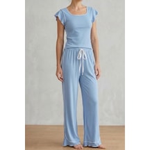 Fit Women Fırfır Detaylı Bürümcük Kumaşlı Kısa Kollu Pijama Takımı 6022 Mavi