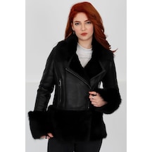 M M Marki Marki Lux Hakiki Deri Mont, Gösterişli Kürk Yaka/bilek/etek, Su Geçirmez - Siyah Elegant Fur - 103422