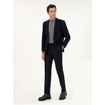 Cacharel Koyu Lacivert Slim Fit Çizgili Yün Takım Elbise