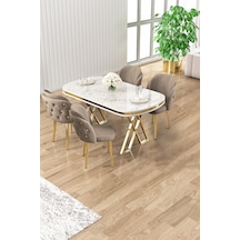 Canisa Zae Serisi 90x168 Lak Panel Beyaz Mermer Desen Gold Ayak Masa Takımı 4 Cappucinosandalye Beyaz Mermer Desen Masa,cappucino Sandalye