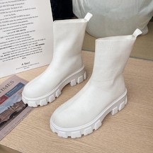 Beyaz Kadın Çizmeler Batı Yarım Çizmeler Üzerinde Kayma Platformu Örme Bayanlar Sonbahar Çorap Çizmeler Kadınlar İçin Moda Kadın Patik