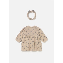 Kız Bebek Saç Bantlı Elbise Set Bej 2807 Bej