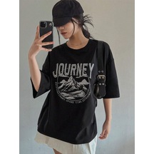 Journey Süprem T-shirt - Siyah Baskılı Oversize Bisiklet Yaka Tişört Siyah