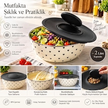 Kalpli Desenli Kapaklı Salata Kasesi, 2 Litre, Krem/siyah Diğer