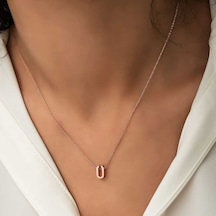 925 Ayar Gümüş Rose 3 Boyutlu Ü Harf Kadın Gümüş Kolye Rose Gold
