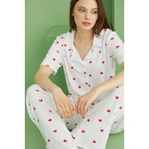 Siyah İnci Fitilli Kaşkorse Örme Düğmeli Gömlek Yaka Pijama Takım Beyaz