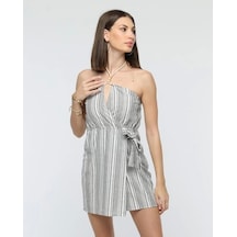 Evyora Kuşaklı Çizgili Mini Keten Elbise Gri