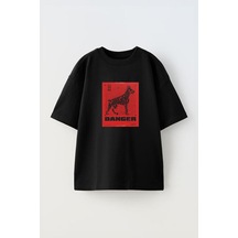 Thewert Unisex Danger Dog Tasarım Baskılı Pamuk Sıyah Oversize T-shirt Siyah