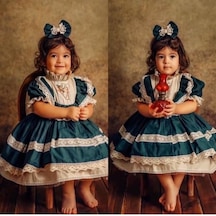 H L Y Karol Tasarım Yeşil Krem Vintage Kız Bebek Elbisesi, Özel Dikim Kız Çocuk Elbisesi, Doğum Günü Elbisesi, Fotoğraf Yeşil