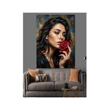 Kırmızı Gül Tutan Esmer Kadın Yağlı Boya Dokulu Kanvas Tablo Canvas Tablosu