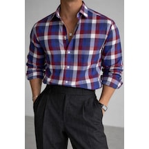 Erkek Ekose Gömlek Slim Fit Pamuklu Uzun Kollu Günlük Şık Gömlek Bordo