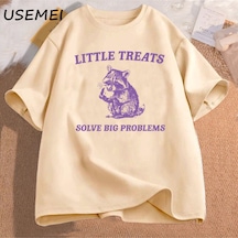 Flood Of Style Küçük Davranır Büyük Sorunları Çözmek Komik Rakun Baskı T Shirt Erkek Kadın Moda Harajuku Ret Haki