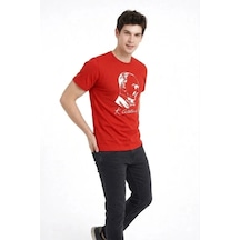 Aesco Erkek Atatürk Baskılı Tişört Kısa Kollu Bisiklet Yaka T-shirt - Kırmızı