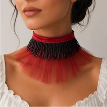 Kırmızı Organze Tül - Siyah El İşi Boncuk Kadın Choker Kırmızı - Siyah