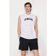 Unisex Kapşonlu Kolsuz Baskılı Oversize T-shirt - Beyaz 001