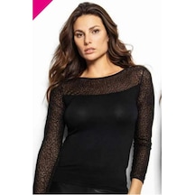 Uzun Kollu Flok Transparan T-shirt-0937 Siyah