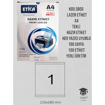 3800 Lazer Etiket A4 Tekli Hazır Etiket Her Yazıcı Uyumlu 100 Sayfa 100 Etiket Yerli Üretim