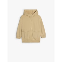 Koton Oversize Kapşonlu Fermuarlı Sweatshirt Cepli Uzun Kollu Pamuklu Şardonlu Deve Tüyü 5wkb10416tk Taba